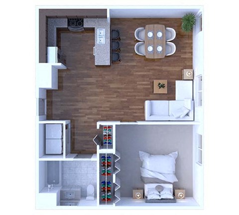 Floor plan for 1 bed, 1 bath, 674 sqft