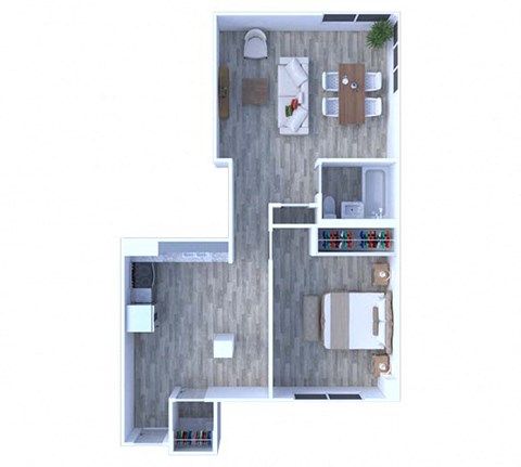 Floor plan for 1 bed, 1 bath, 627 sqft