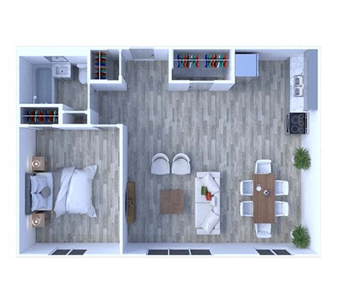 Floor plan for 1 bed, 1 bath, 652 sqft