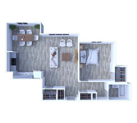 Floor plan for 1 bed, 1 bath, 666 sqft