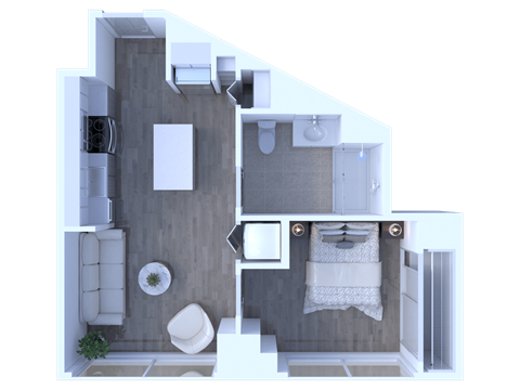 Floor plan for 1 bed, 1 bath, 566 sqft