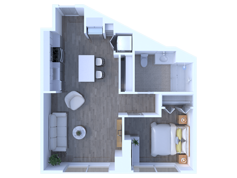Floor plan for 1 bed, 1 bath, 666 sqft