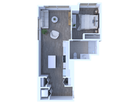 Floor plan for 1 bed, 1 bath, 770 sqft