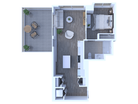 Floor plan for 1 bed, 1 bath, 770 sqft
