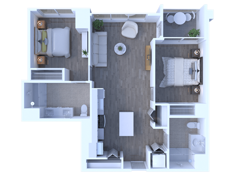 Floor plan for 2 beds, 2 baths, 986 sqft