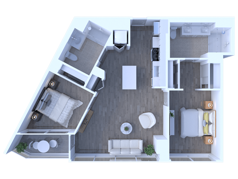 Floor plan for 2 beds, 2 baths, 989 sqft