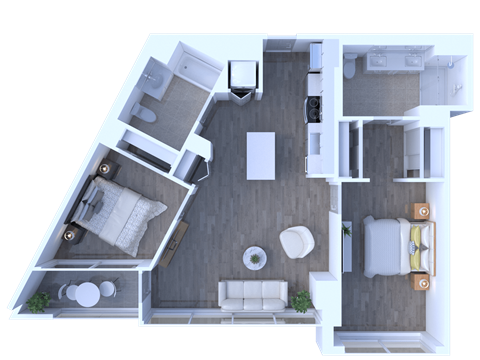 Floor plan for 2 beds, 2 baths, 1037 sqft