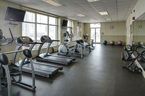 Chicago apartment for rent - A gym with treadmills, elliptical machines, and exercise balls.