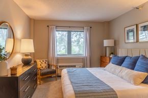 Naperville apartment for rent - A bedroom with a large bed and a window with curtains.