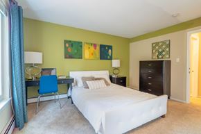 Mount Prospect apartment for rent - Bedroom with colorful artwork and contemporary furniture at Forest Cove Apartments, Mount Prospect