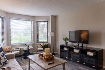 Naperville apartment for rent - A living room with a television, a couch, and a table with a candle on it.