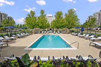 Swimming pool with lounge chairs and landscaped deck
