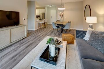 Vernon Hills apartment for rent - A modern living room with a grey sofa and a coffee table.