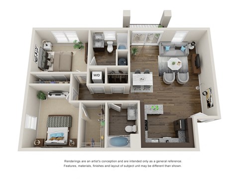 Floor plan for 2 beds, 2 baths, 1139 sqft