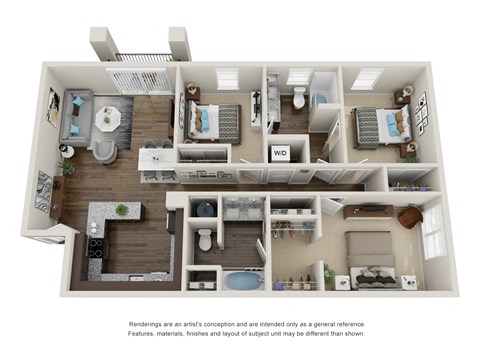 Floor plan for 3 beds, 2 baths, 1310 sqft
