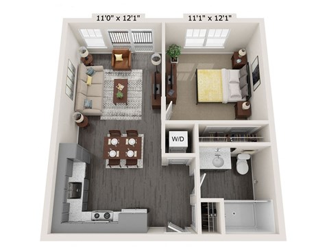 Floor plan for 1 bed, 1 bath, 552 sqft