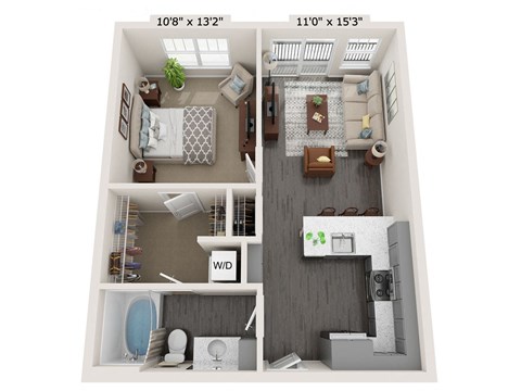 Floor plan for 1 bed, 1 bath, 621 sqft