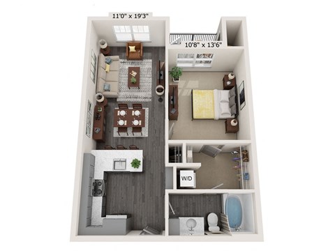 Floor plan for 1 bed, 1 bath, 675 sqft