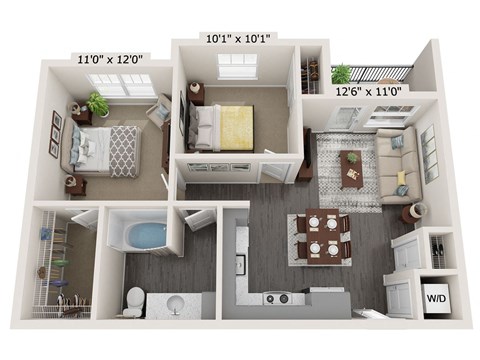 Floor plan for 2 beds, 1 bath, 746 sqft