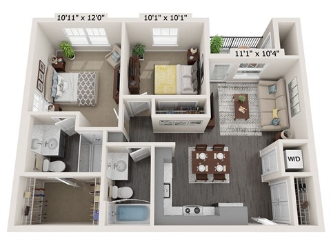 Floor plan for 2 beds, 2 baths, 842 sqft