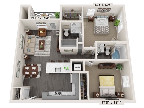 Floor plan for 2 beds, 2 baths, 971 sqft