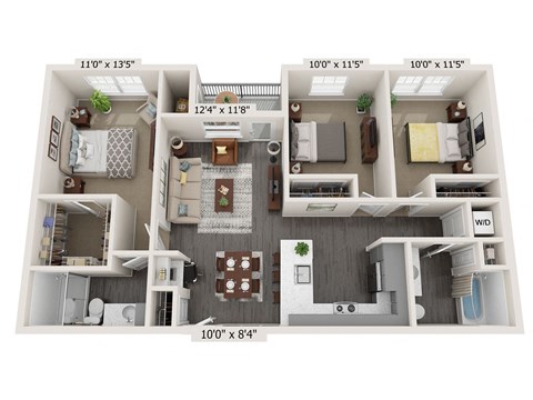 Floor plan for 3 beds, 2 baths, 1125 sqft
