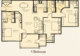 Floor plan for 3 beds, 2 baths, 1283 sqft