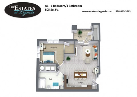 Floor plan for 1 bed, 1 bath, 805 sqft
