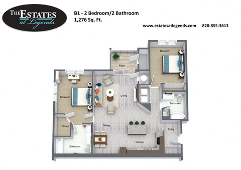 Floor plan for 2 beds, 2 baths, 1276 sqft