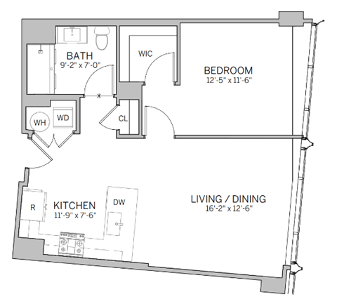 Floor plan for 1 bed, 1 bath, 741 sqft