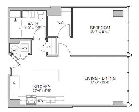 Floor plan for 1 bed, 1 bath, 742 sqft