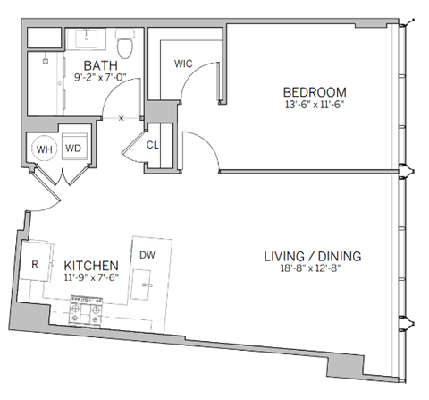 Floor plan for 1 bed, 1 bath, 783 sqft