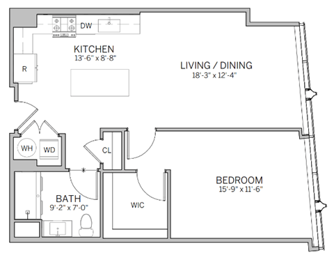 Floor plan for 1 bed, 1 bath, 786 sqft