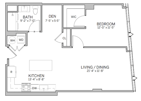 Floor plan for 1 bed, 1 bath, 829 sqft
