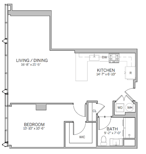 Floor plan for 1 bed, 1 bath, 884 sqft