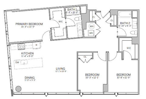 Floor plan for 3 beds, 2 baths, 1417 sqft