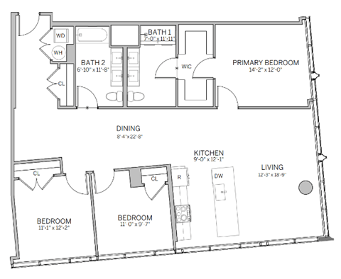 Floor plan for 3 beds, 2 baths, 1516 sqft
