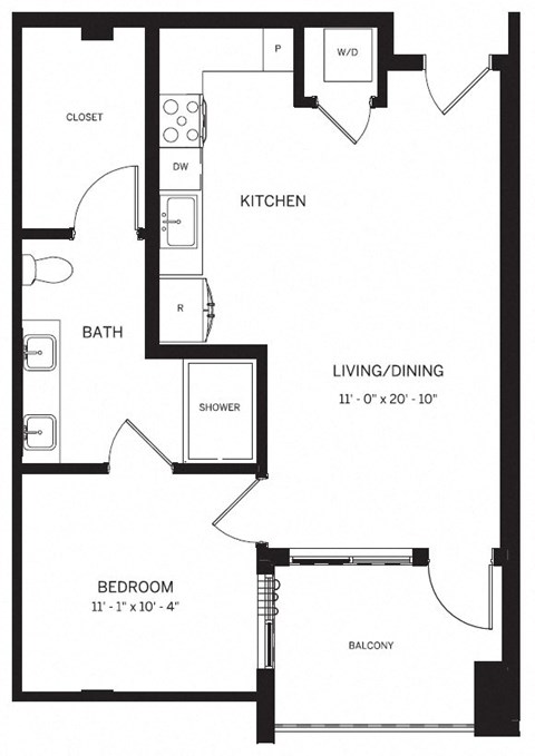 Floor plan for 1 bed, 1 bath, 677 sqft