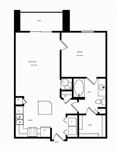 Floor plan for 1 bed, 1 bath, 741 sqft