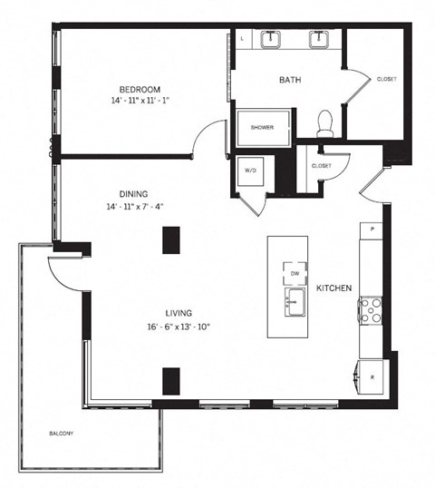 Floor plan for 1 bed, 1 bath, 965 sqft