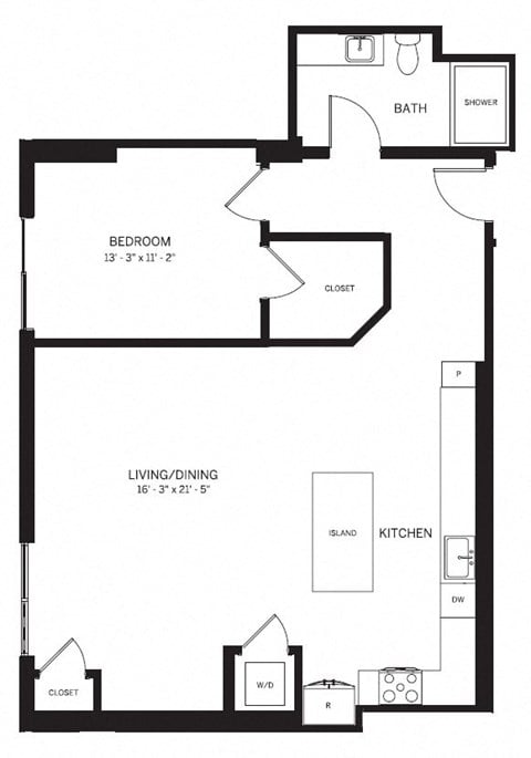 Floor plan for 1 bed, 1 bath, 1000 sqft