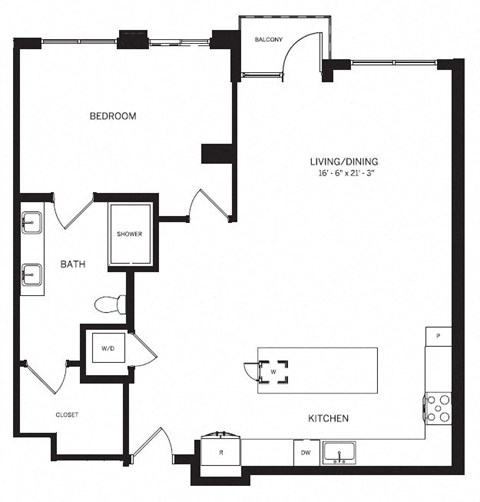 Floor plan for 1 bed, 1 bath, 1075 sqft