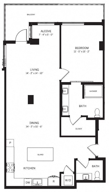 Floor plan for 1 bed, 1.5 baths, 1110 sqft