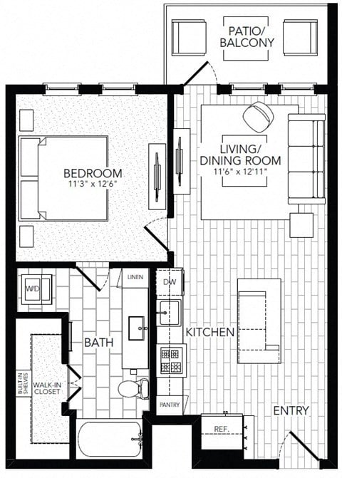 Floor plan for 1 bed, 1 bath, 672 sqft