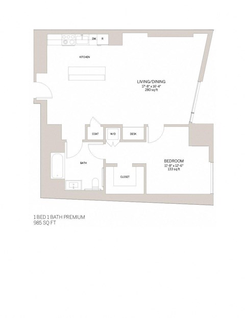 Floor plan for 1 bed, 1 bath, 974 sqft