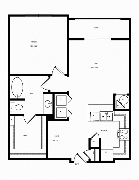 Floor plan for 1 bed, 1 bath, 802 sqft