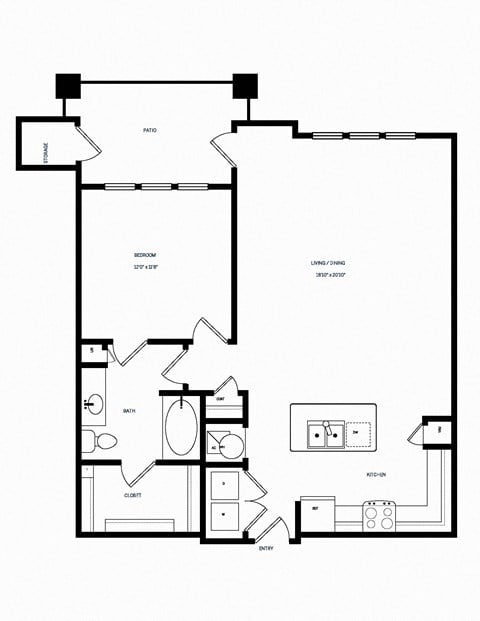 Floor plan for 1 bed, 1 bath, 918 sqft