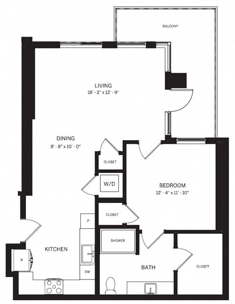 Floor plan for 1 bed, 1 bath, 840 sqft