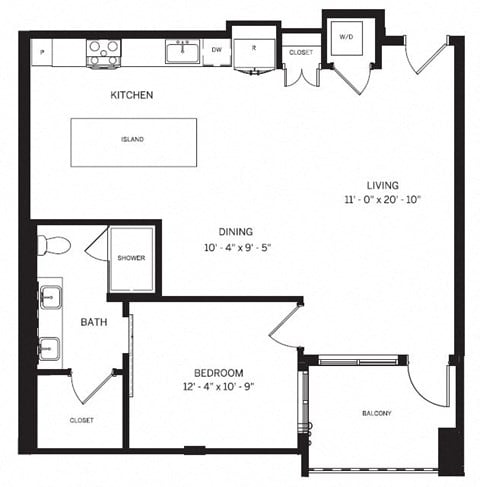 Floor plan for 1 bed, 1 bath, 940 sqft