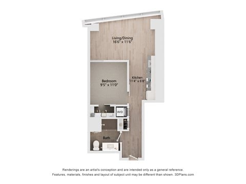 Floor plan for 1 bed, 1 bath, 577 sqft